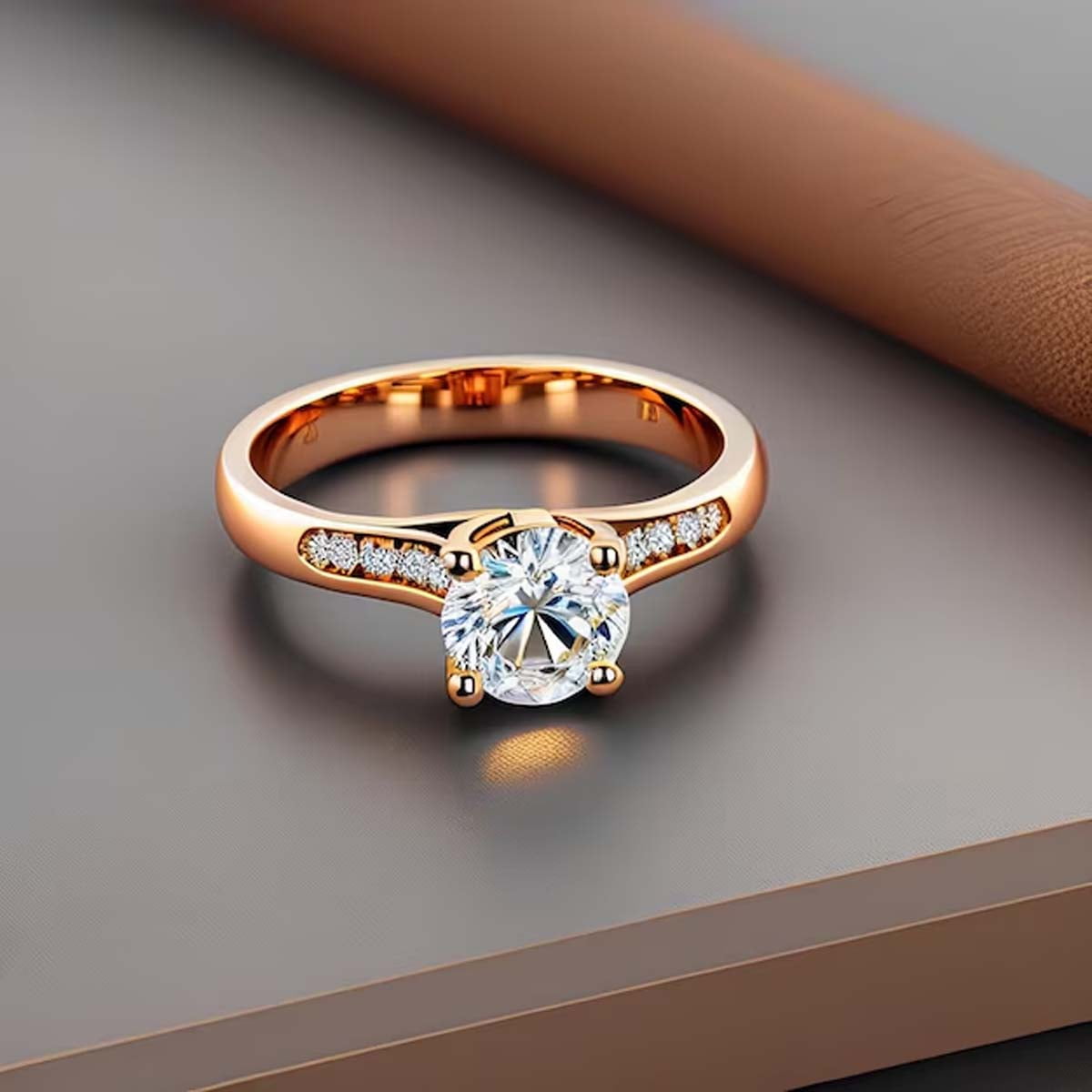 Yellow gold engagement ring with warm-toned gemstone setting displayed on white background