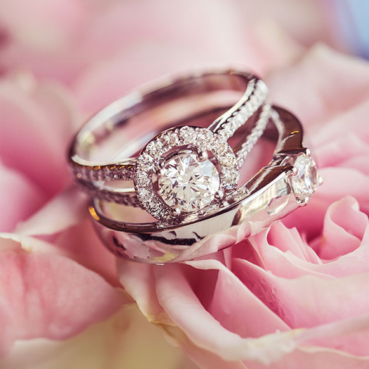 Diamond quality examination Close-up diamond engagement ring showing clarity characteristics and colour distribution details
