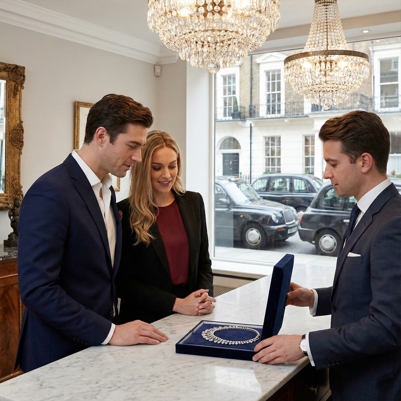Hatton Garden Luxury Shopping Luxury jewellery shopping experience in Hatton Garden showcasing diamond rings, precious stones, and expert consultation services