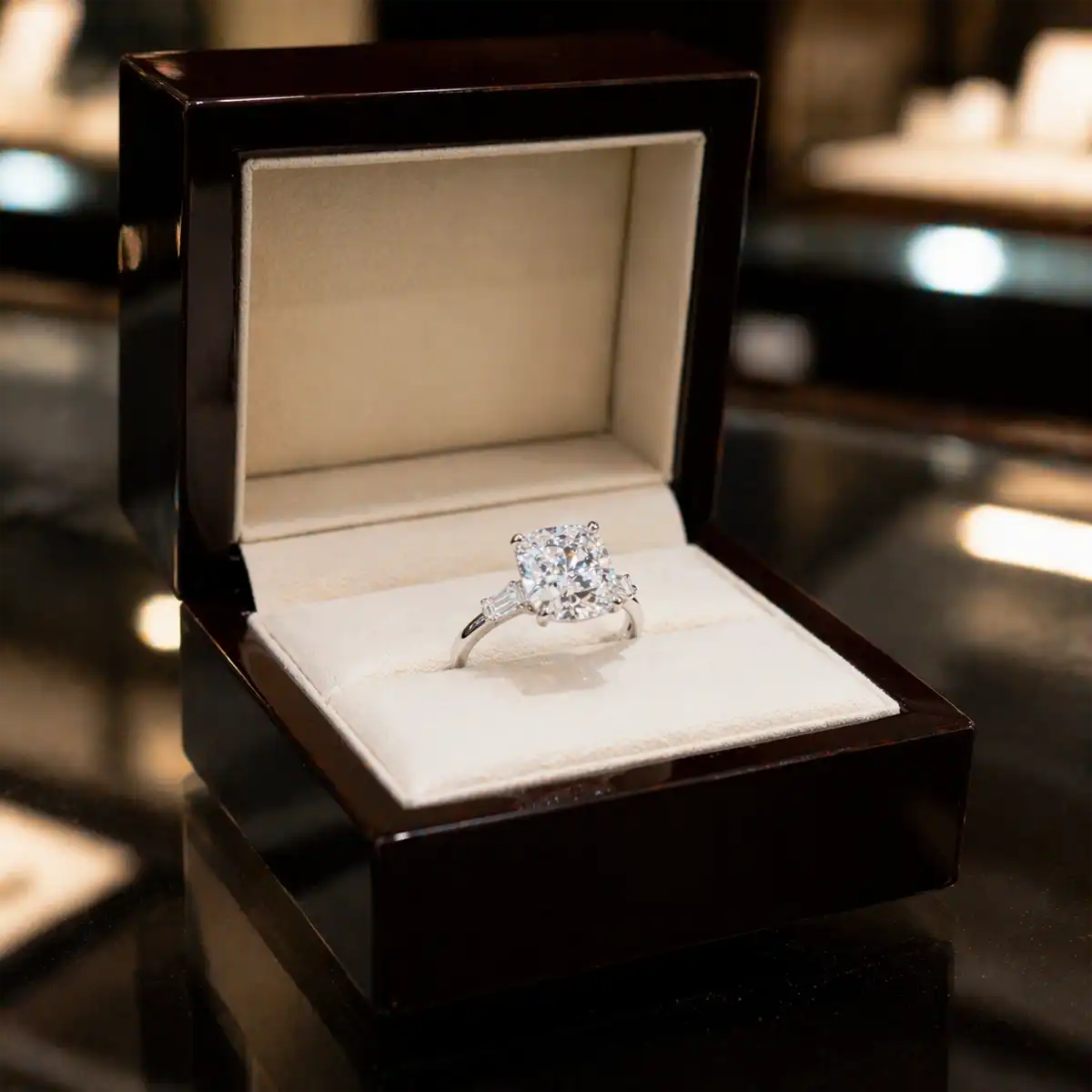 Professional jeweller in Hatton Garden showing engagement ring options during consultation with visiting couple