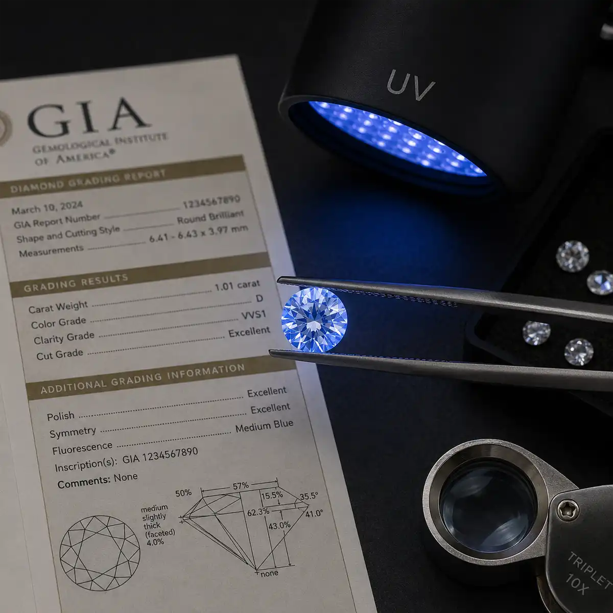 Diamond fluorescence inspection showing oily hazy appearance under UV light that affects Strong Blue fluorescence stones