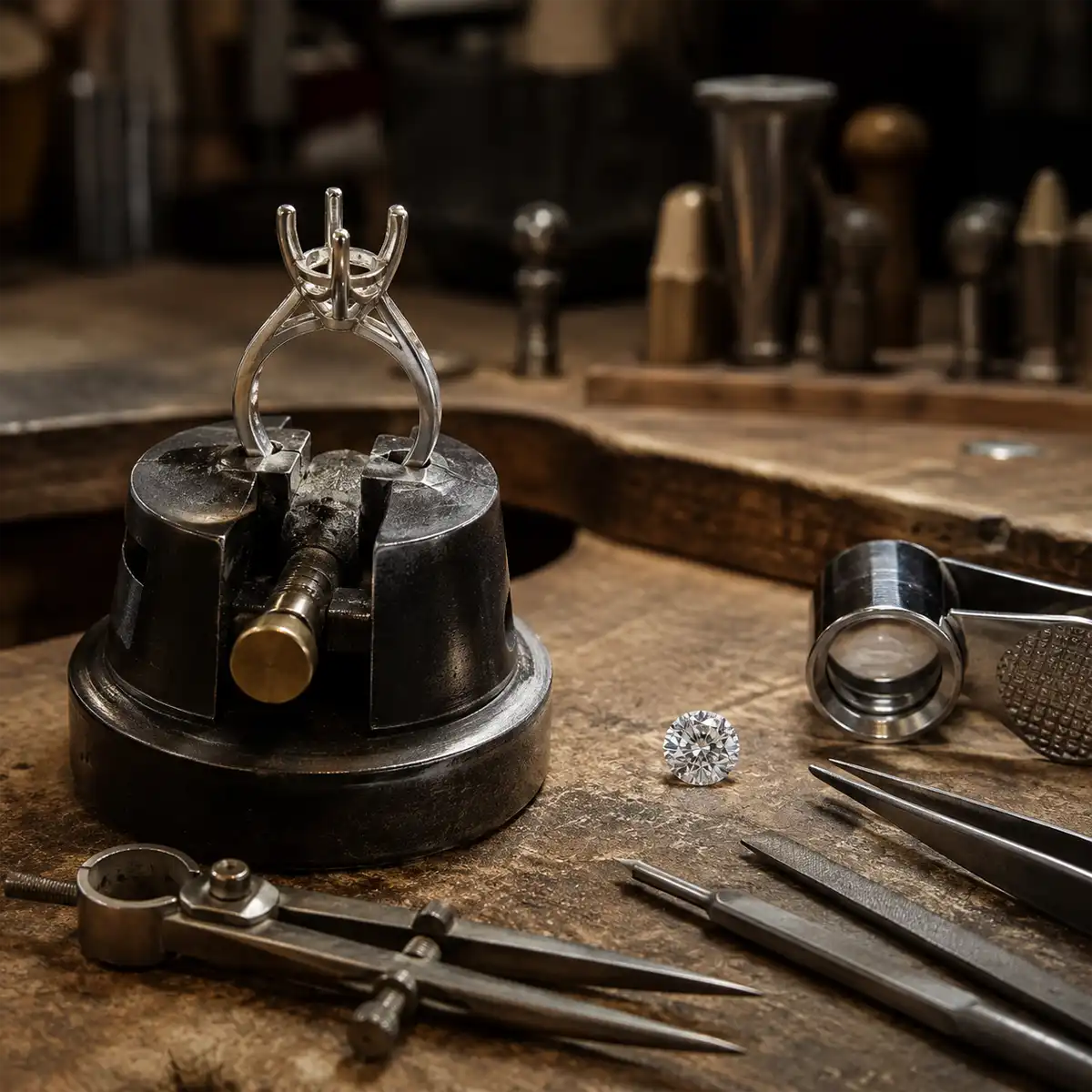 Bespoke engagement ring settings crafted in Hatton Garden showing detailed metalwork and stone mounting techniques