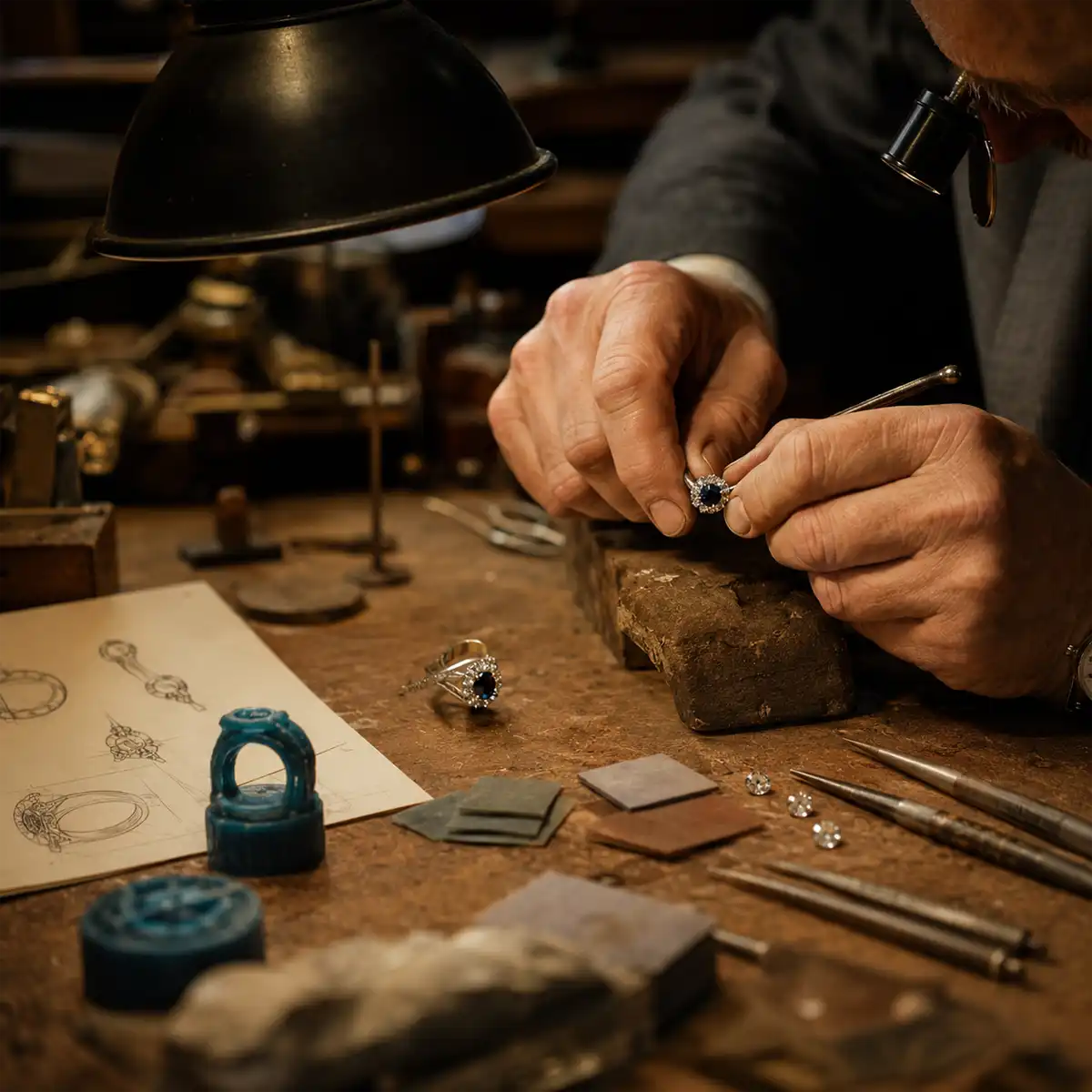 Celebrity Commission Rings Hatton Garden Bespoke Hatton Garden engagement rings laid out in a workshop setting, reflecting the celebrity and screen commission heritage of EC1 bench jewellers