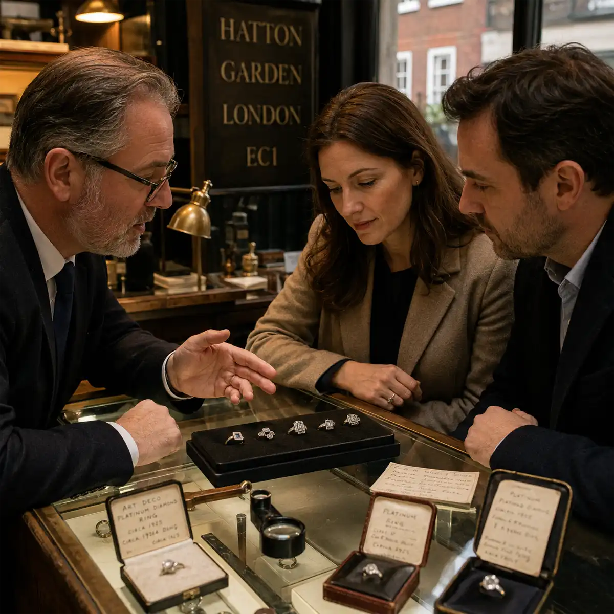 Hatton Garden antique jewellery dealers specialising in Art Deco engagement rings with period authentication expertise