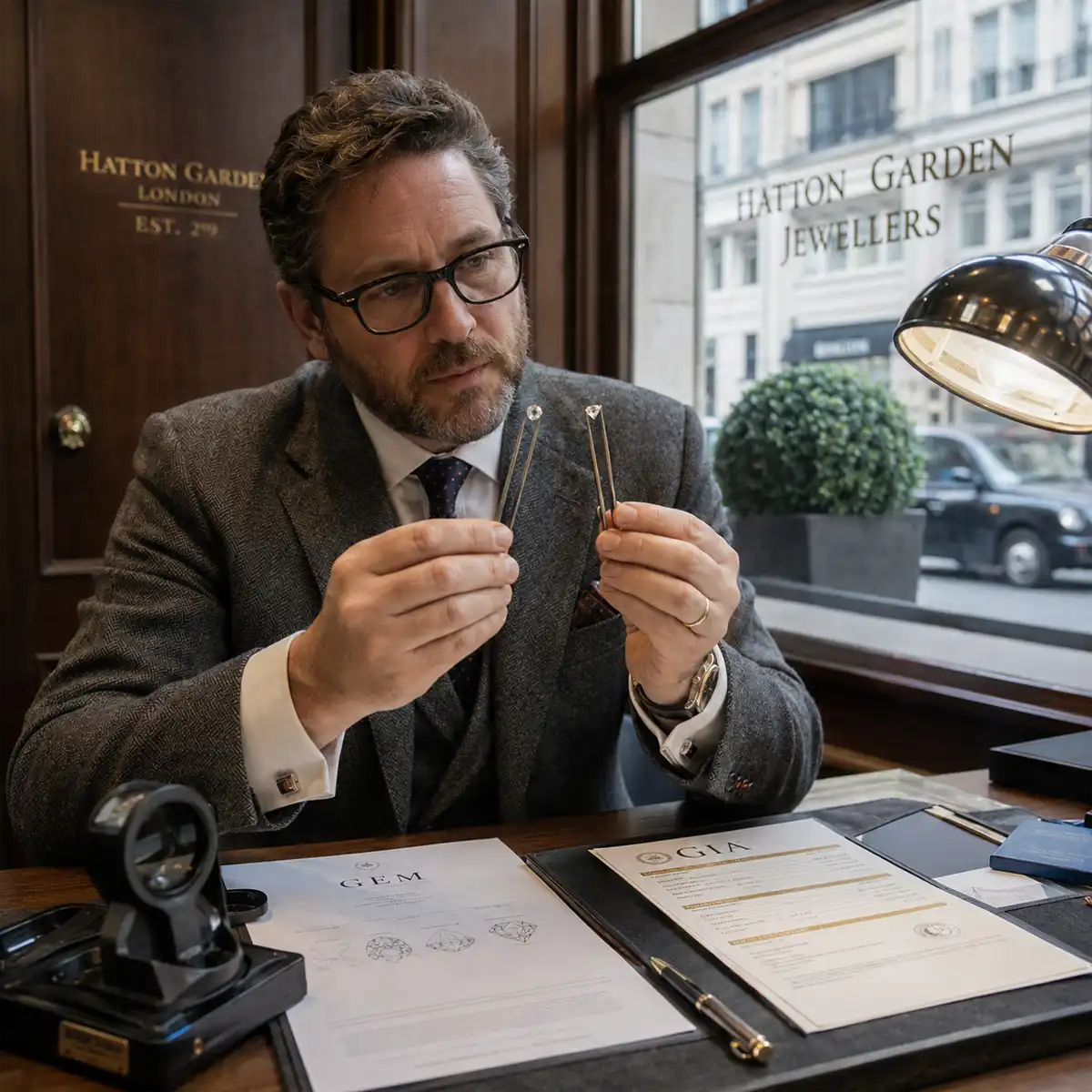 Hatton Garden jeweller consultation demonstrating diamond fluorescence effects under different lighting conditions