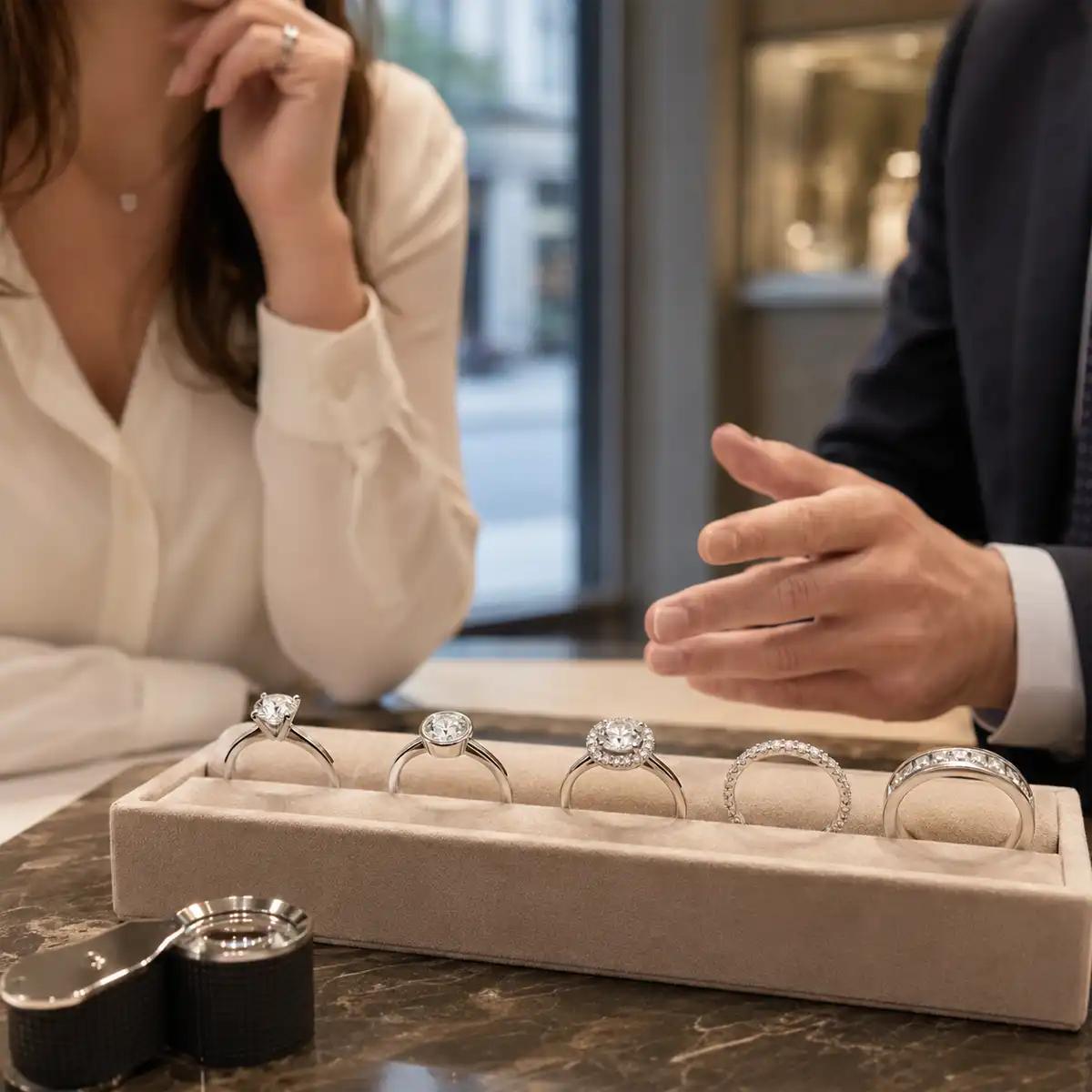 Hatton Garden workshop displaying various engagement ring settings including claw, bezel and specialist mounting options