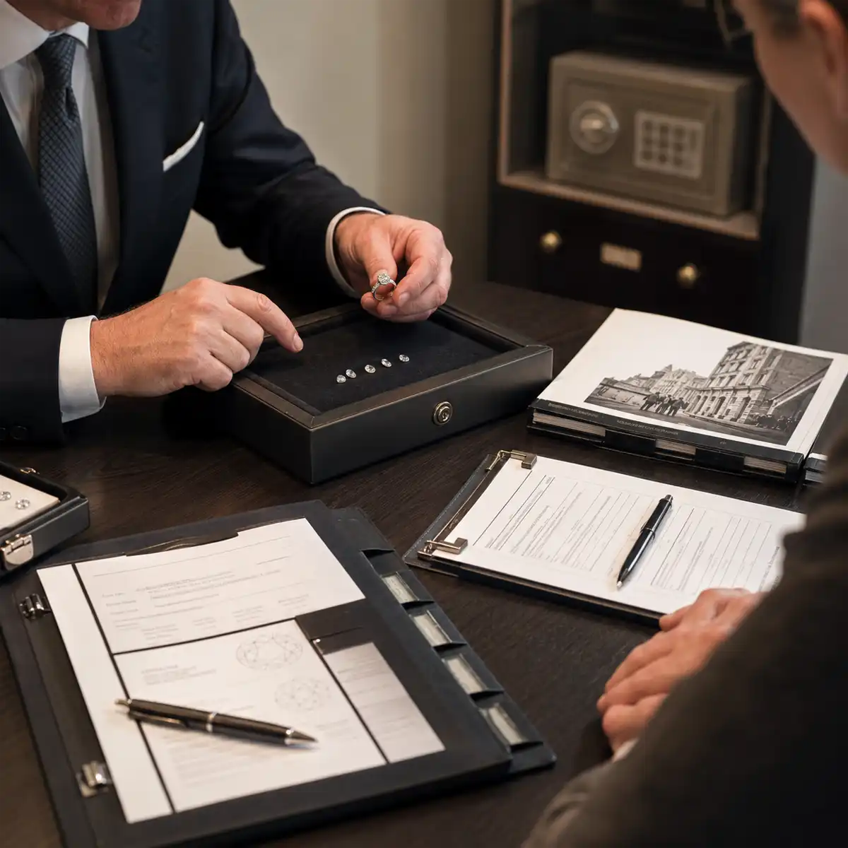 Provenance documentation and diamond paperwork on a Hatton Garden dealer's desk reflecting post-2015 chain-of-custody standards for pre-owned stones