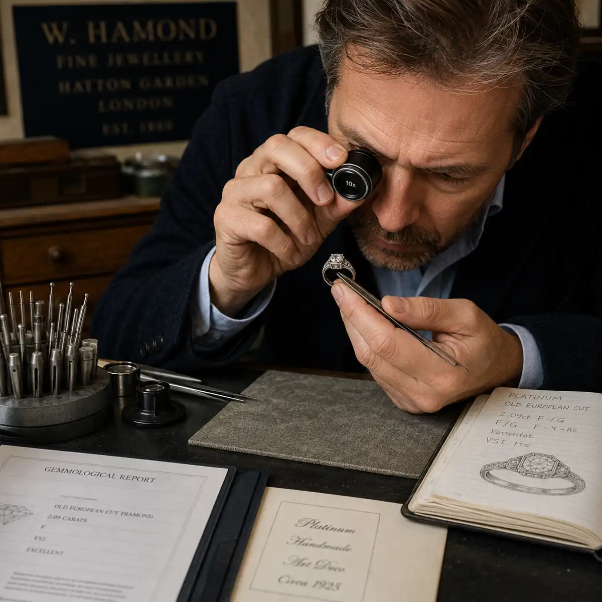 Continental hallmarks and assay marks on Art Deco engagement rings showing French eagle head and German crescent moon stamps