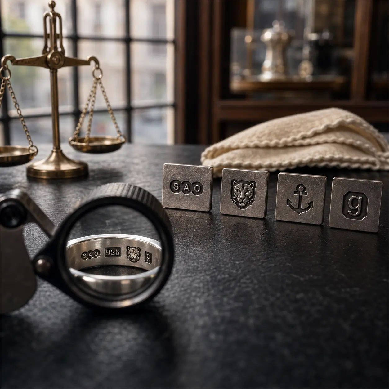 A sterling silver ring struck with its London hallmark, sponsor's mark, 925 fineness, leopard's head and date letter, beside assay office punches and a loupe