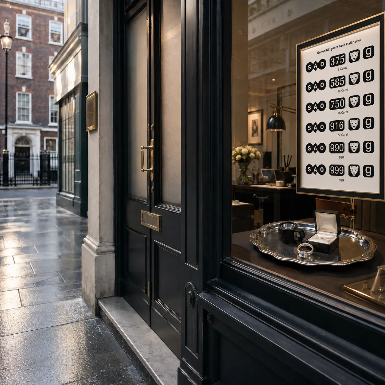 A Hatton Garden jeweller's window with a framed United Kingdom Gold Hallmarks chart showing the London leopard's head beside each fineness mark