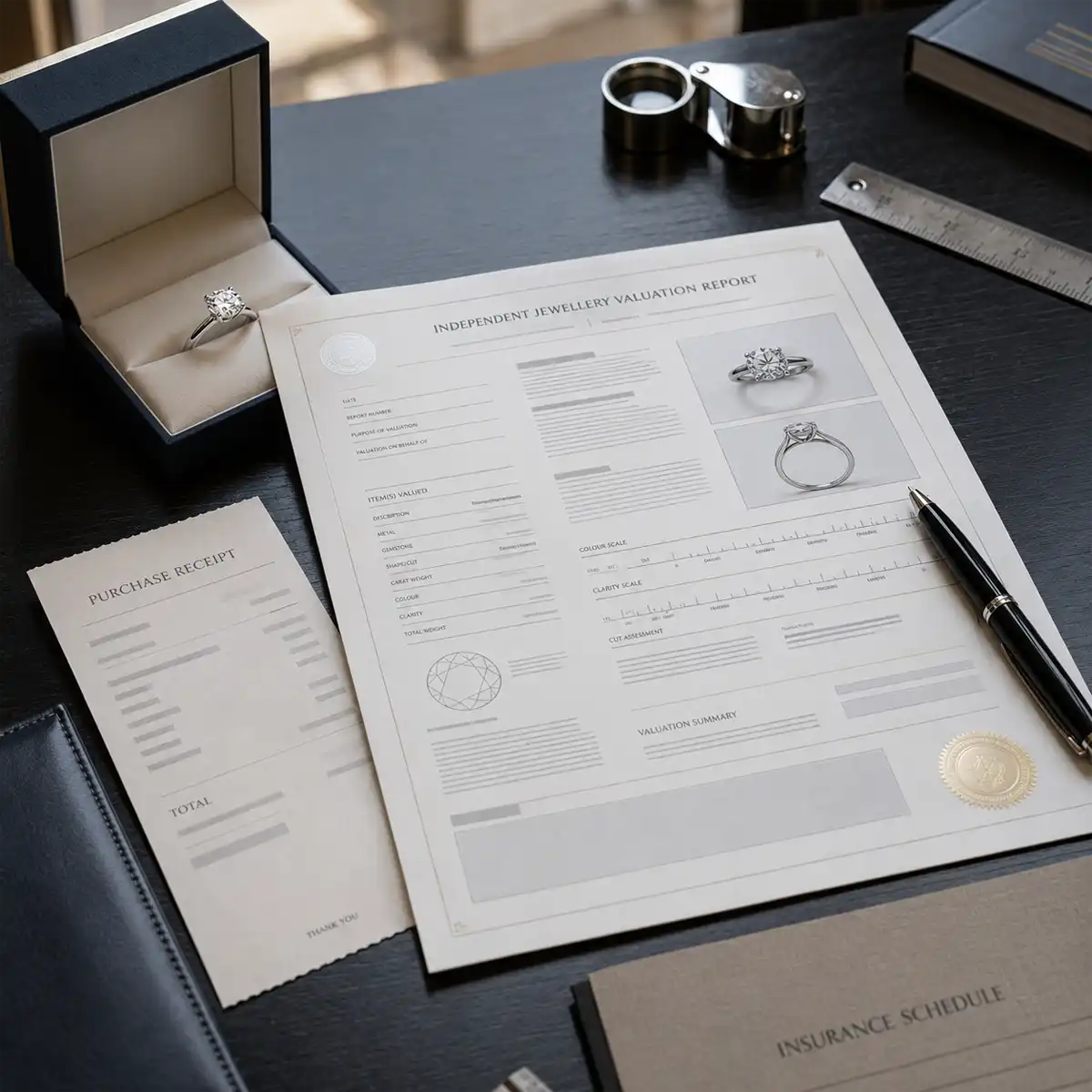 Engagement Ring Valuation Documentation Independent ring valuation appointment in Hatton Garden showing a jewellery valuer photographing an engagement ring against a neutral background for an insurance report