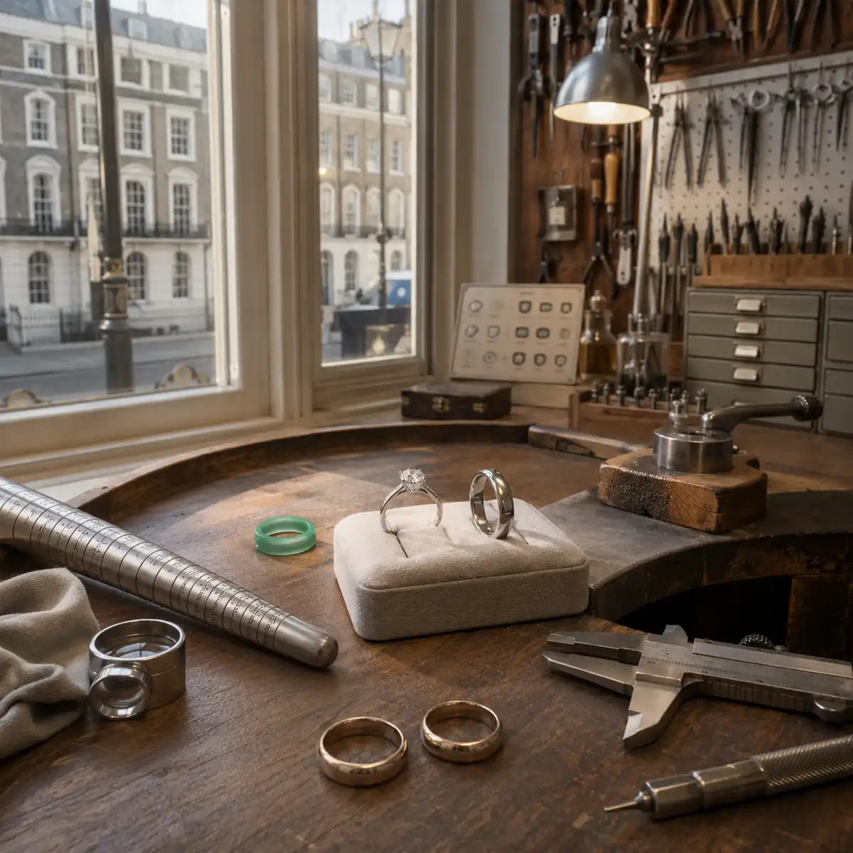 Hatton Garden three-ring stack fitting A three-ring wedding band stack being fitted in a Hatton Garden workshop, illustrating how a wedding band sits alongside an engagement ring and eternity ring
