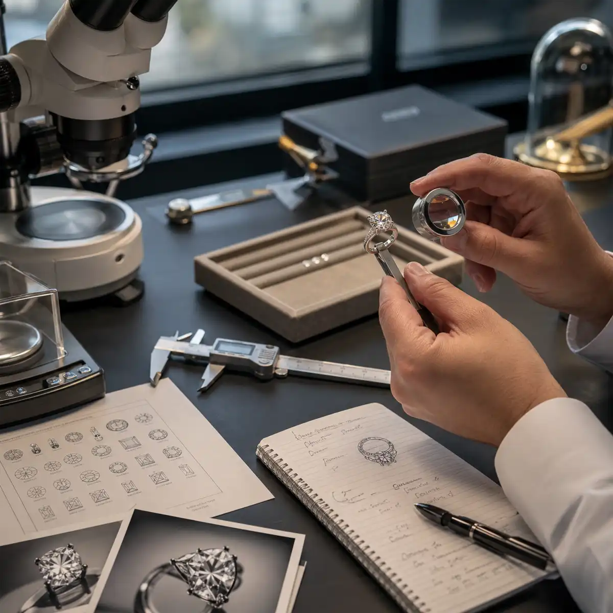 Hatton Garden IRV Valuer at Work IRV-registered independent valuer in Hatton Garden examining a diamond engagement ring under professional magnification during an independent ring valuation