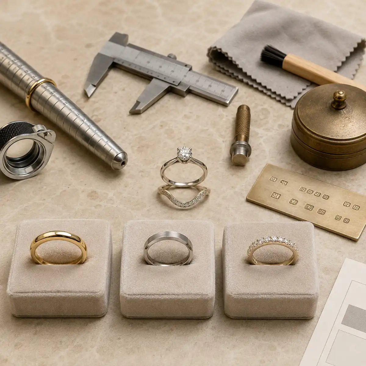 Hand-engraving a wedding band inside A jeweller hand-engraving the inside of a wedding band in Hatton Garden, demonstrating the bespoke bench-made tradition of personalised ring inscription