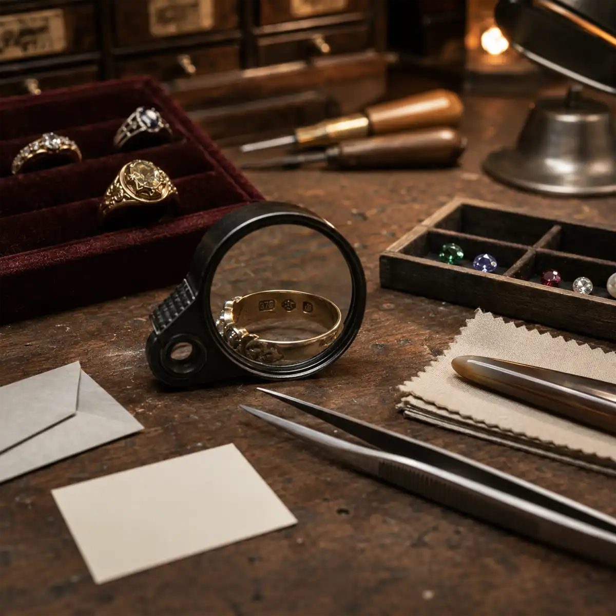 Antique Jewellery Inspection EC1 A Hatton Garden specialist inspecting a pre-owned antique jewellery piece for signs of reproduction, alteration or undisclosed repair