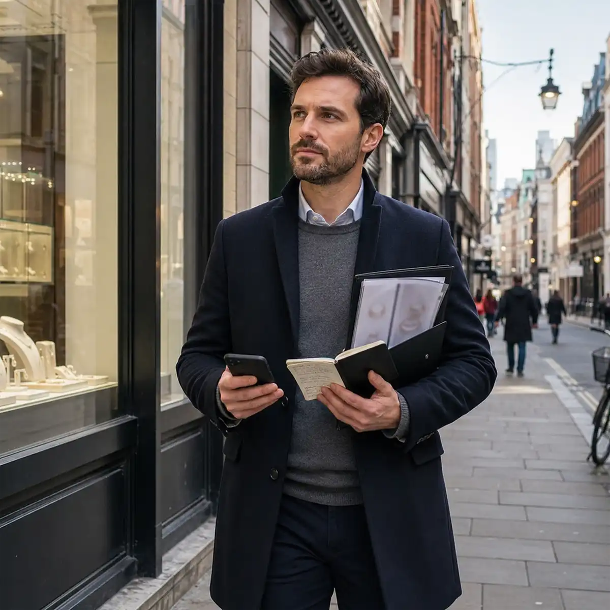 A Hatton Garden jeweller presenting loose diamonds and ring settings to a first-time buyer during an appointment in the EC1 quarter
