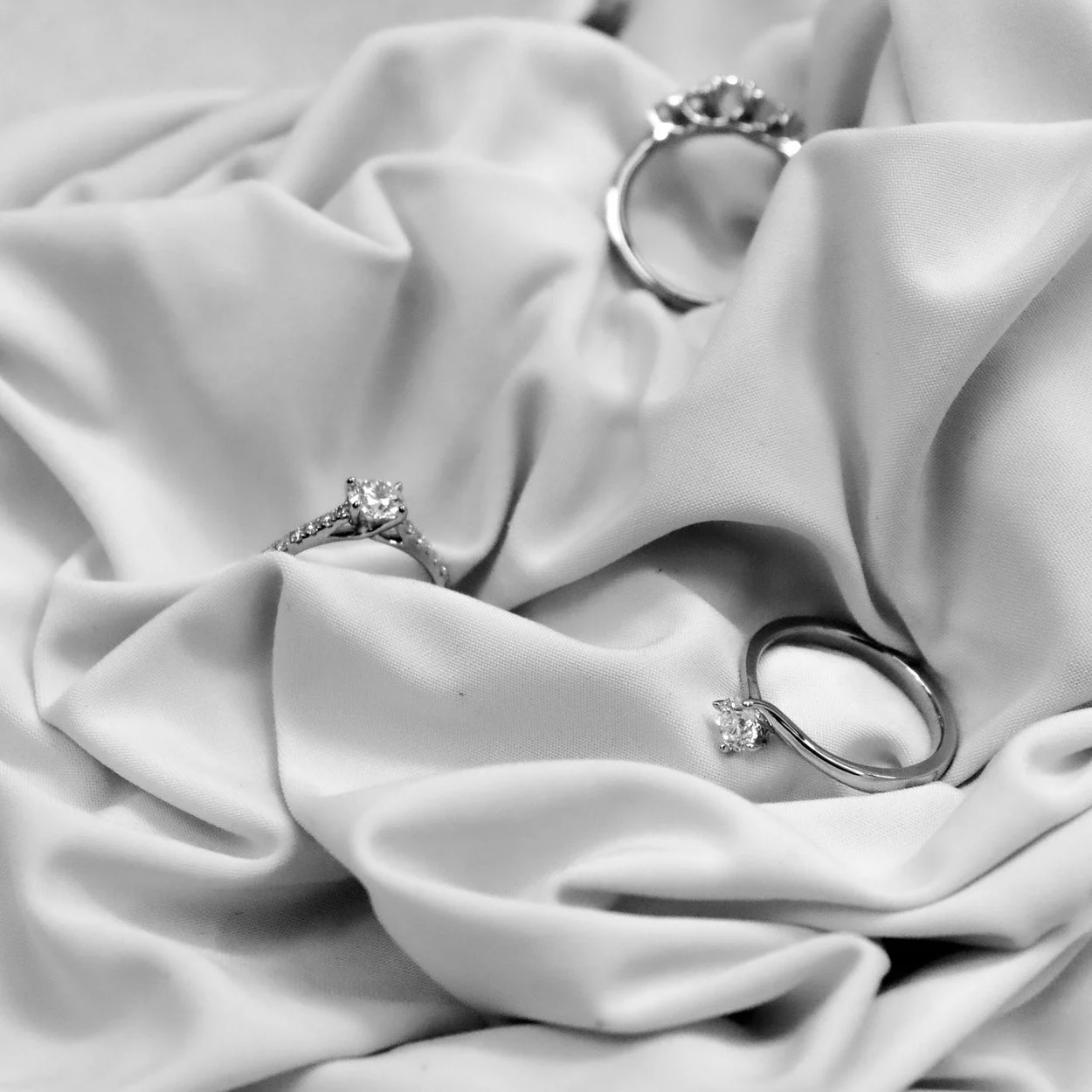 Diamond engagement rings on silk at Barrett Jewellery London, Hatton Garden