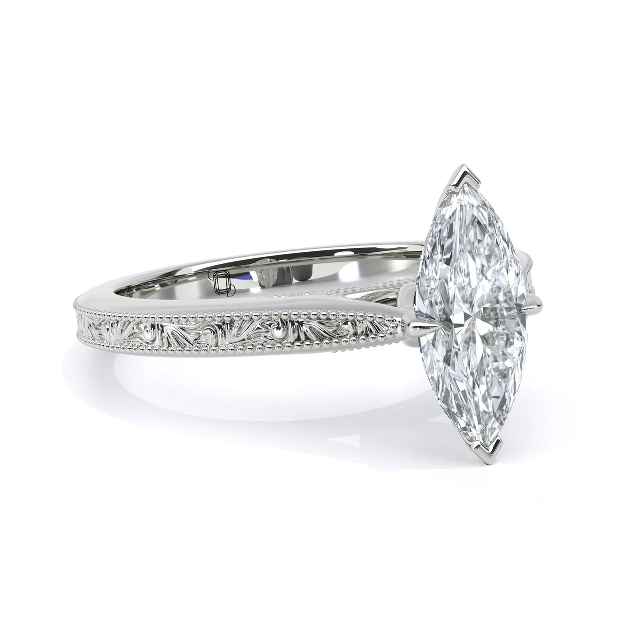 Marquise diamond solitaire with engraved band at Clarity Diamonds by Aimee, Hatton Garden