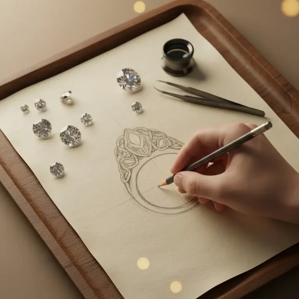 Loose diamonds and a ring design sketch at Deluxe Diamond, Hatton Garden