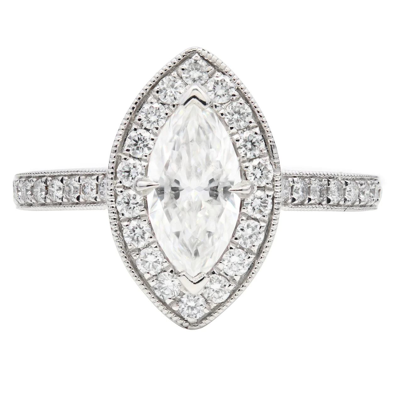 Marquise diamond halo ring at Dicky Diamonds, Hatton Garden