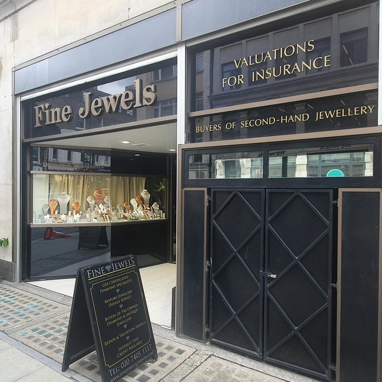 Fine Jewels shopfront and insurance valuations window, Hatton Garden
