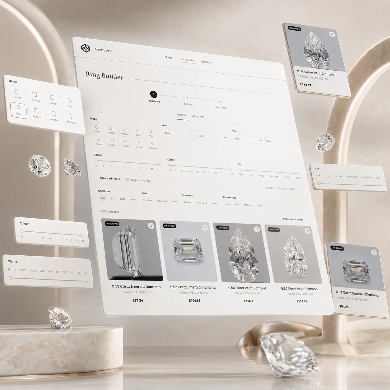 Diamond search filters for shape, colour and clarity Diamond search filters for shape, colour, clarity and cut beside loose certified stones