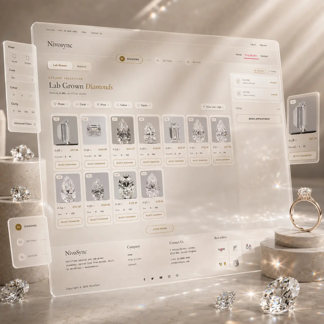 Lab grown diamond catalogue with ring builder Lab grown diamond catalogue showing 4,802 certified stones with a four step ring builder