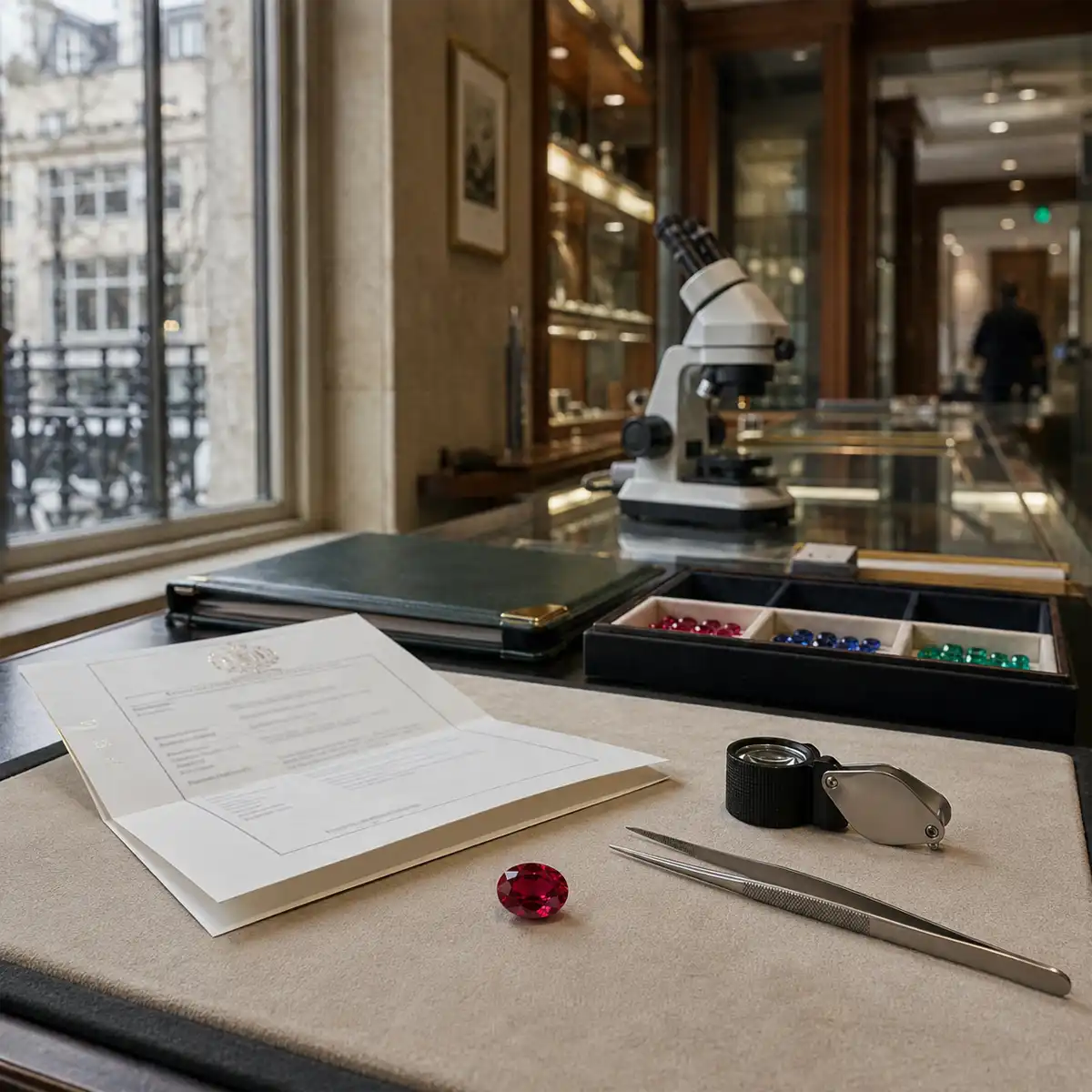 Ruby Treatment Disclosure Report A jeweller examining a loose ruby under magnification alongside a coloured gemstone certificate showing treatment disclosure