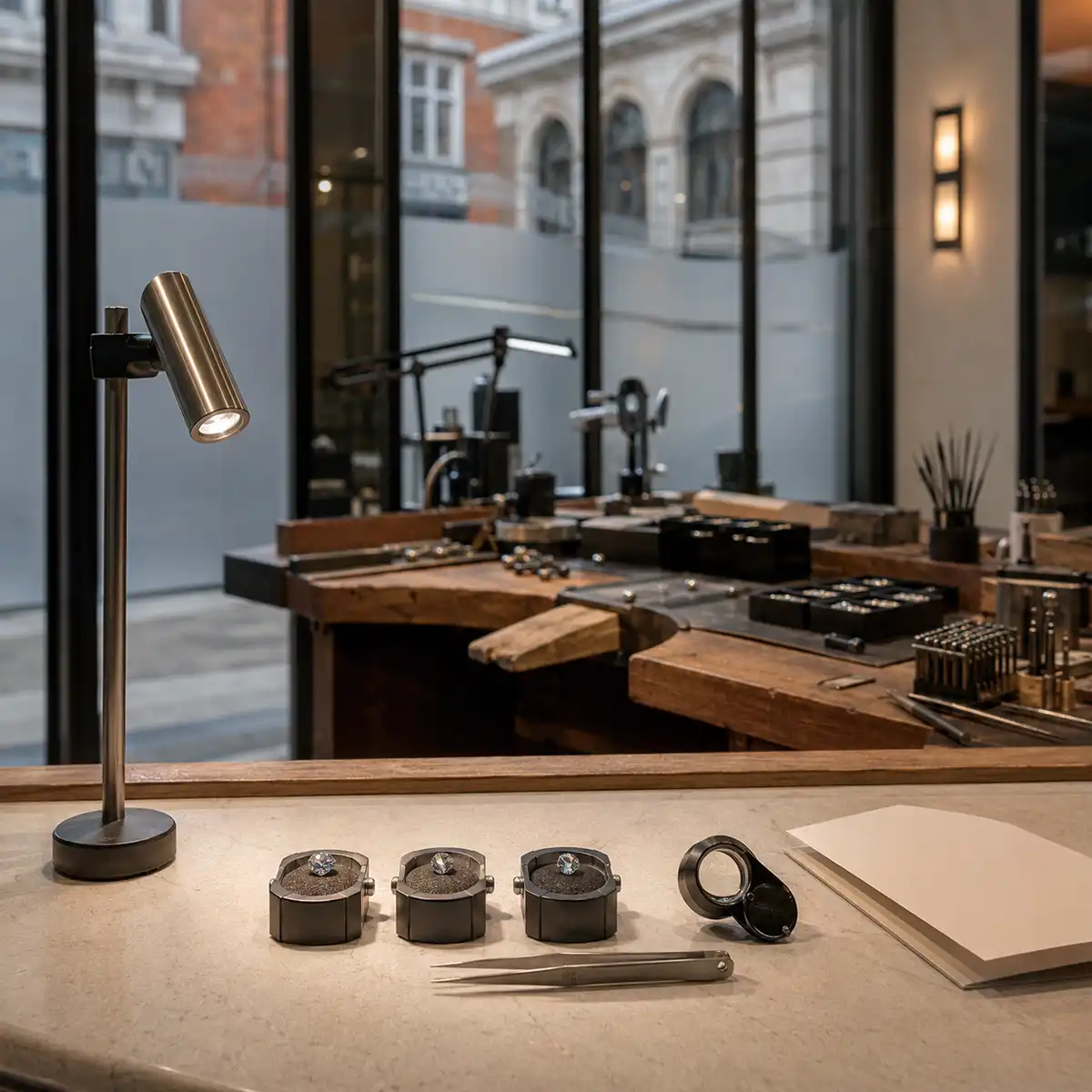 Diamond Carat and Cut Assessment Hatton Garden jeweller examining a loose diamond alongside its grading report, illustrating carat weight and cut assessment in the 4Cs diamond buying guide