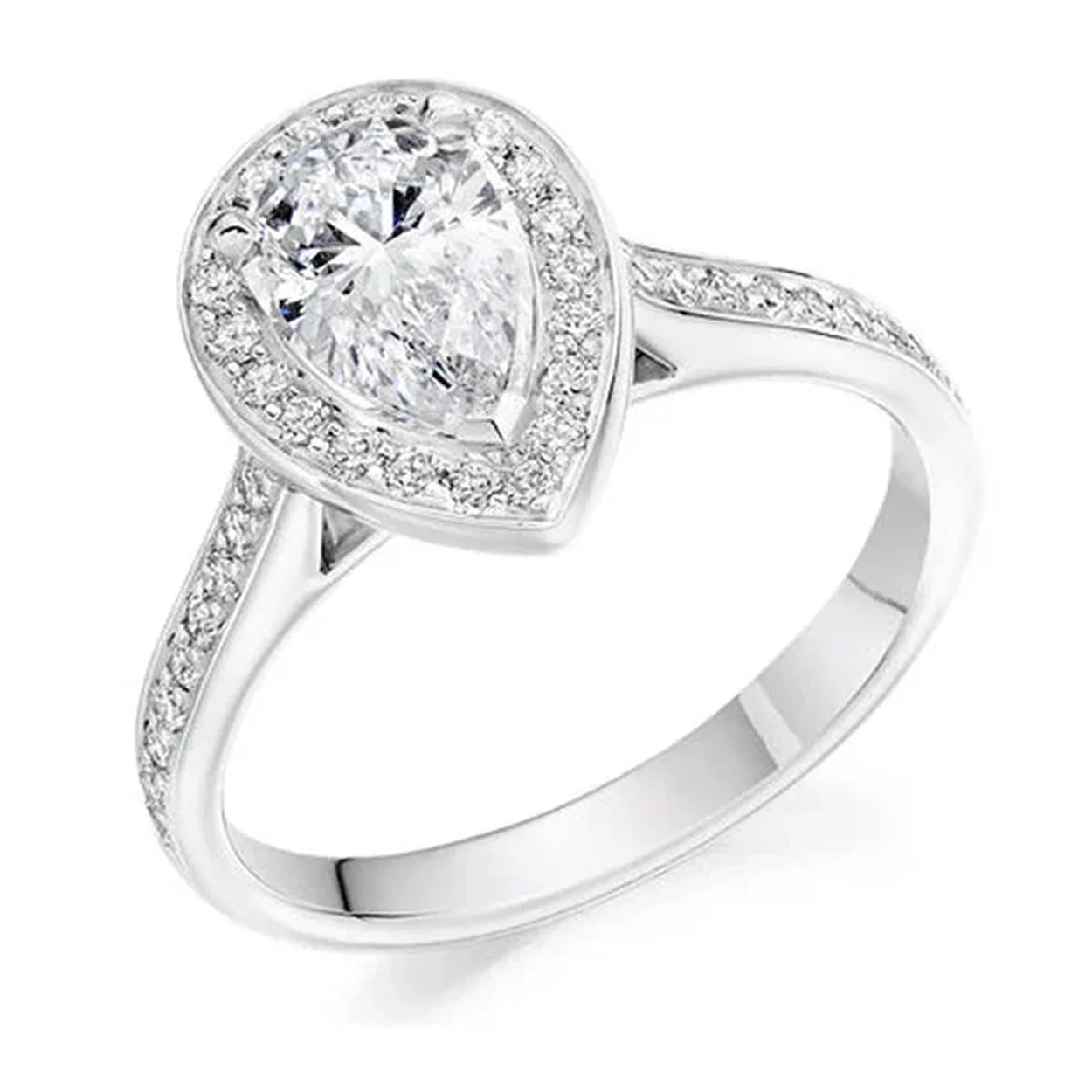 Pear cut diamond halo ring at the Jewellery Design Centre, Hatton Garden
