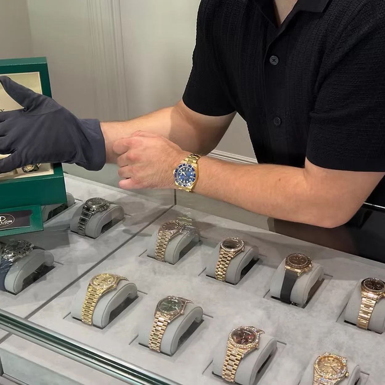 Wristwatch display cabinet at Taylor Watches, Hatton Garden