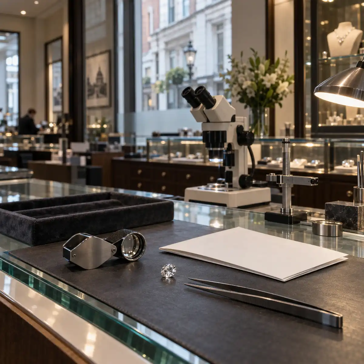 A Hatton Garden jeweller examining a loose diamond alongside its certificate, demonstrating the process of verifying a diamond certificate