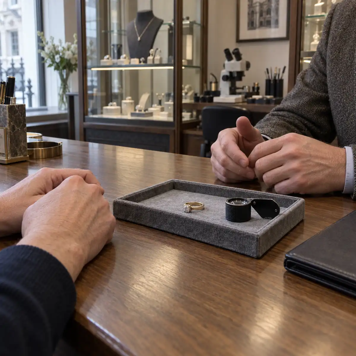 A worn pre-owned ring being examined for condition and value in a Hatton Garden jewellery dealer, illustrating restoration considerations
