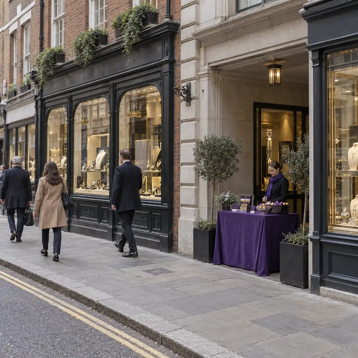 Hatton Garden event day shopfront Hatton Garden jewellery quarter shopfront area near Solitaire Jewellers during the Cadbury Twirl Golden Dipped one-day event on 24 September 2026