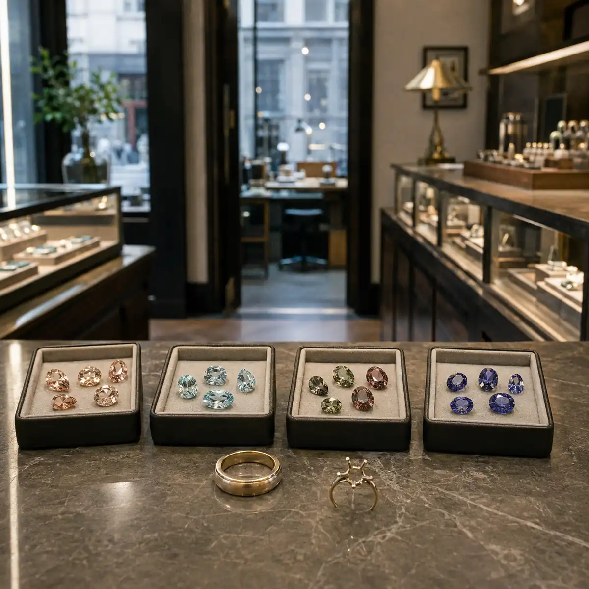 A Hatton Garden gemmologist examining alternative engagement ring stones for heat treatment and colour quality before a client consultation
