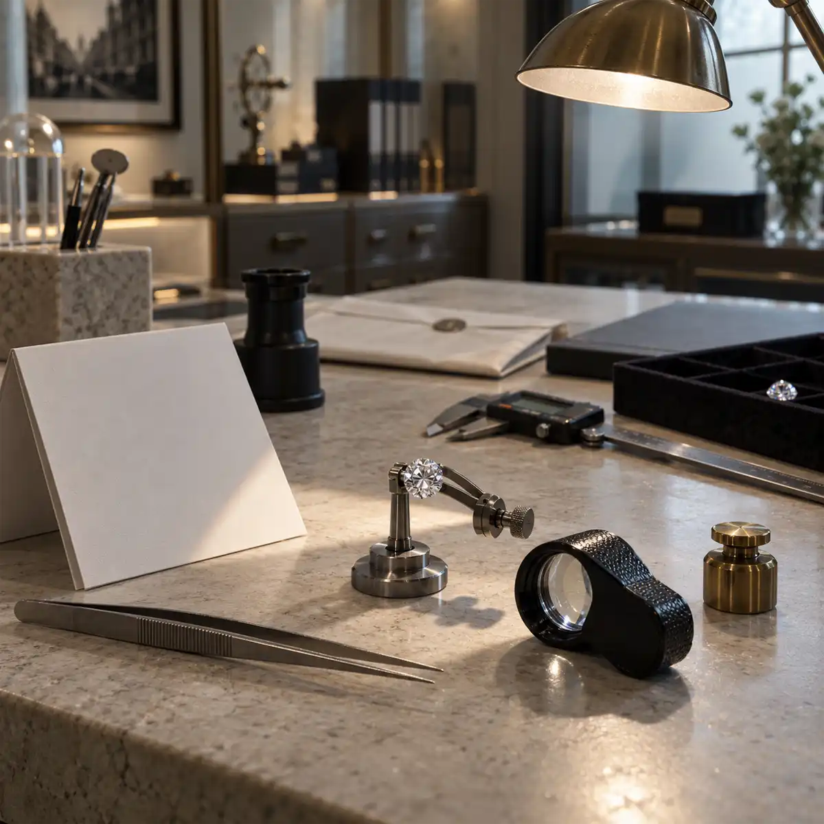 Loose diamond placed on a GIA grading report on a jeweller's counter, illustrating how to verify a diamond certificate before purchase