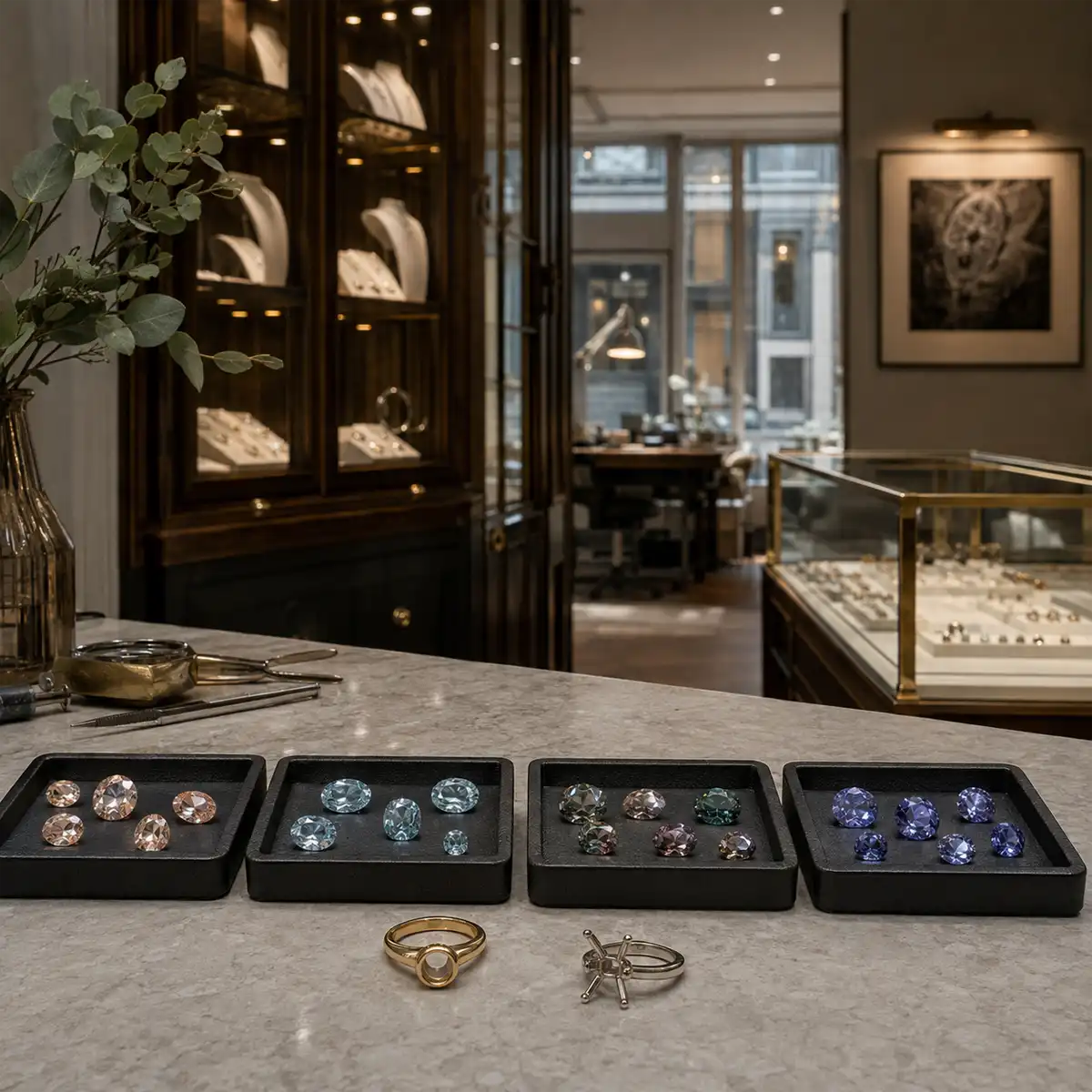 Loose coloured gemstones including tsavorite garnet and tourmaline displayed on a tray in a Hatton Garden dealer's showroom, alternative engagement ring stones