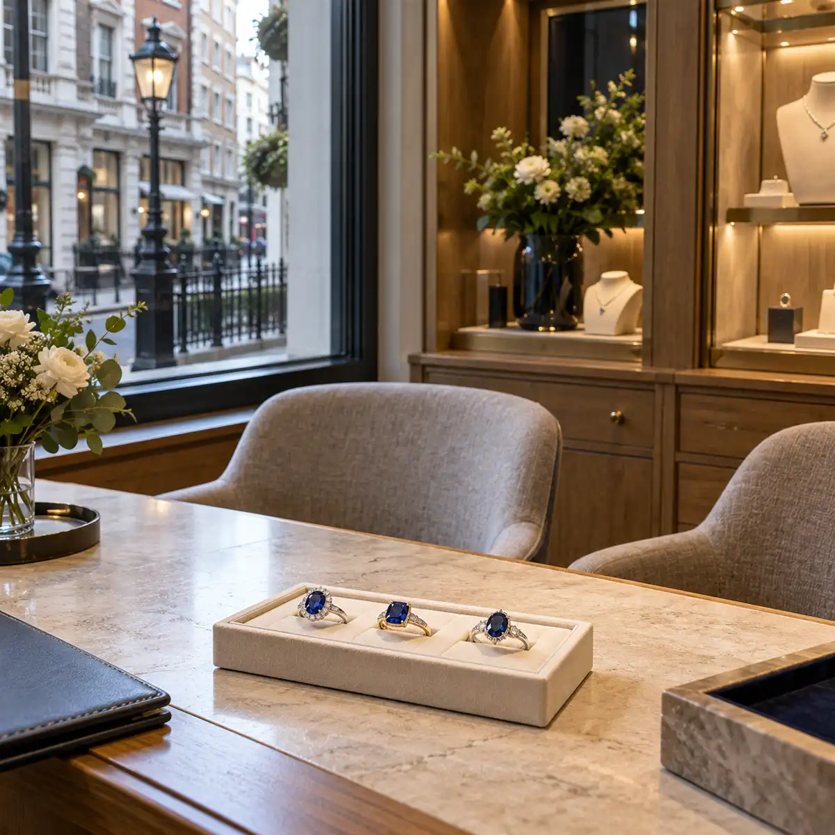 A Hatton Garden jeweller presenting a sapphire engagement ring during a first consultation, with stones laid out for side-by-side comparison