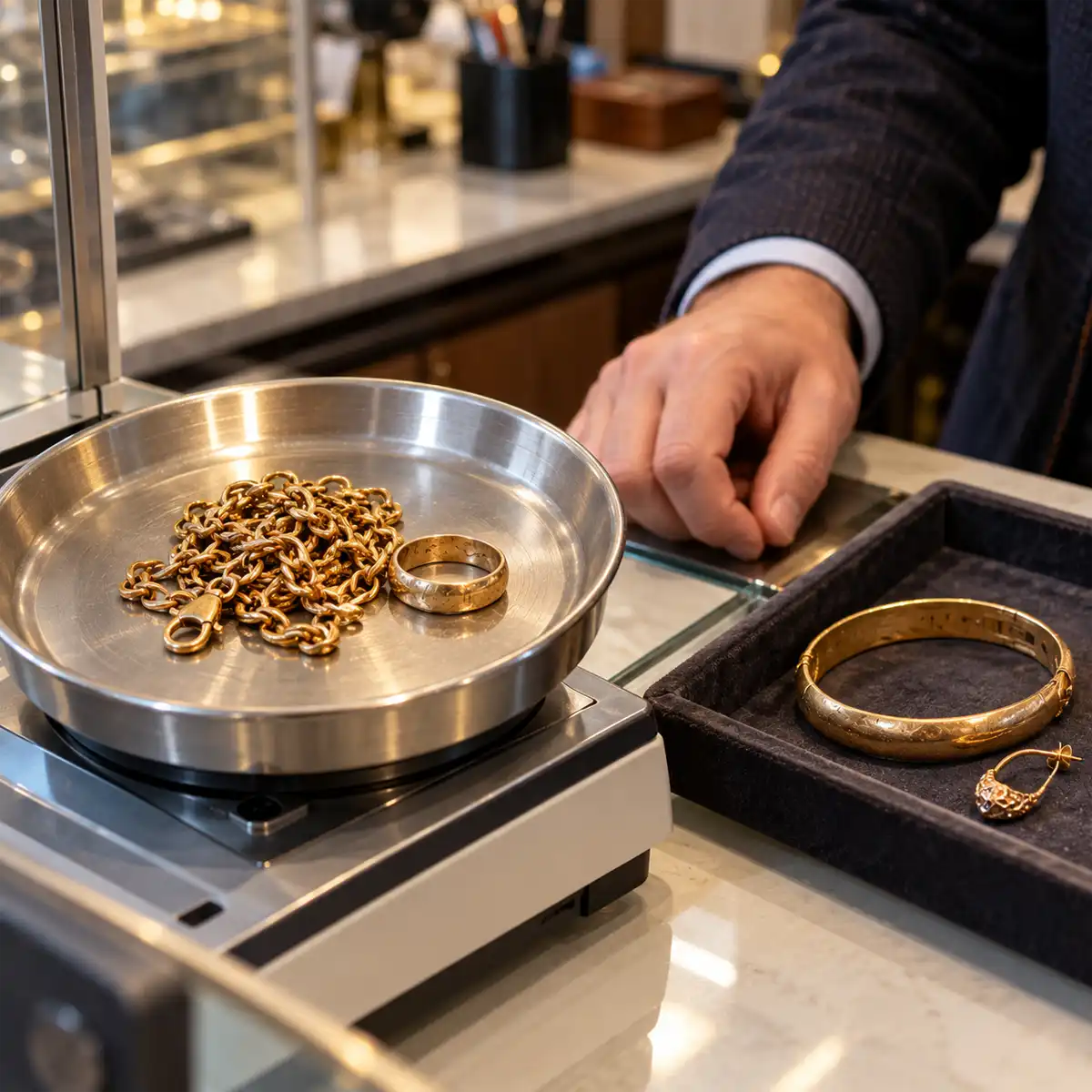 A Hatton Garden gold dealer's trade counter displaying scrap gold price lists per gram for 9, 18 and 22 carat gold in London EC1N