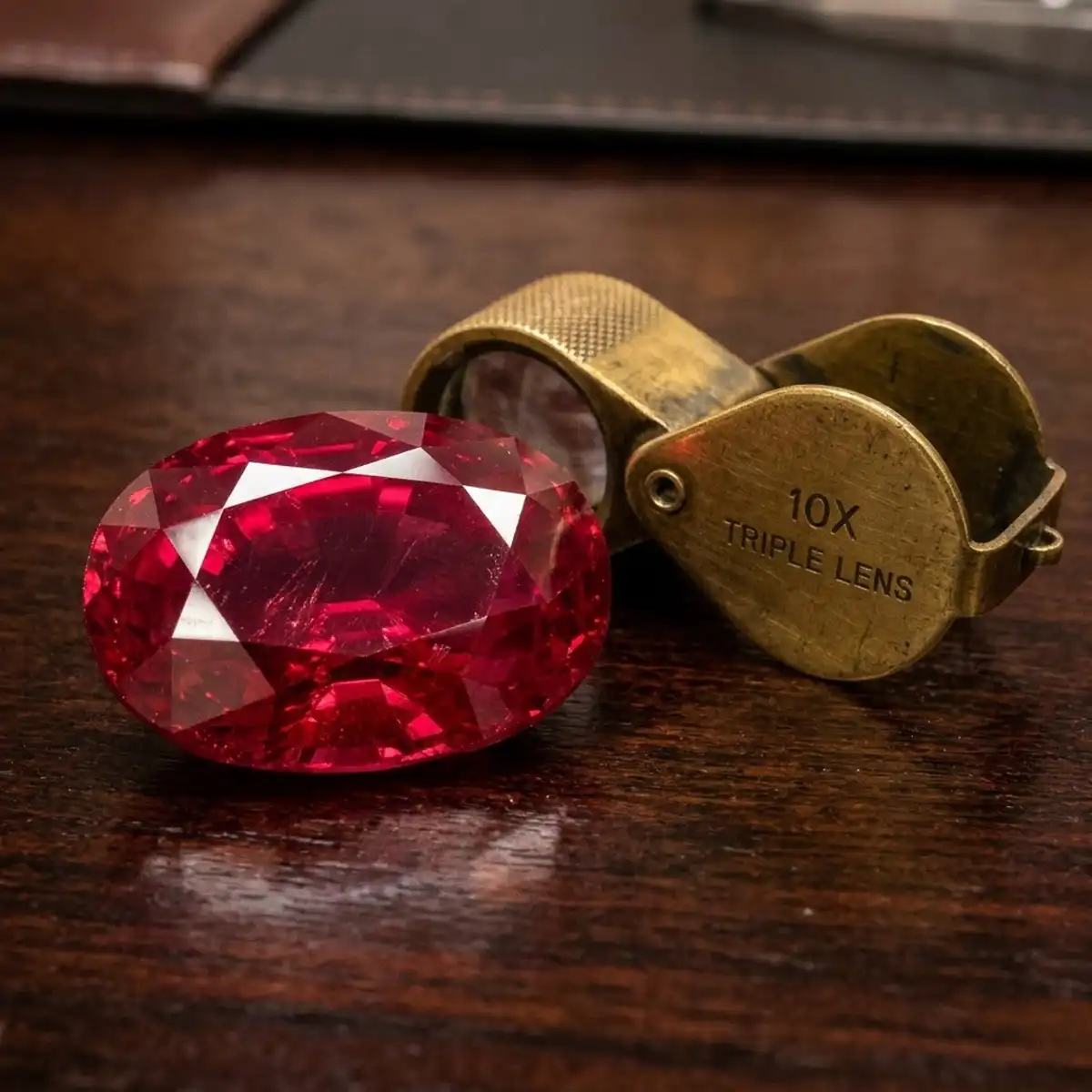 Coloured stone lab report paperwork Gemstone laboratory report documents laid alongside a loose emerald and ruby, illustrating certification paperwork for coloured stone purchases in Hatton Garden