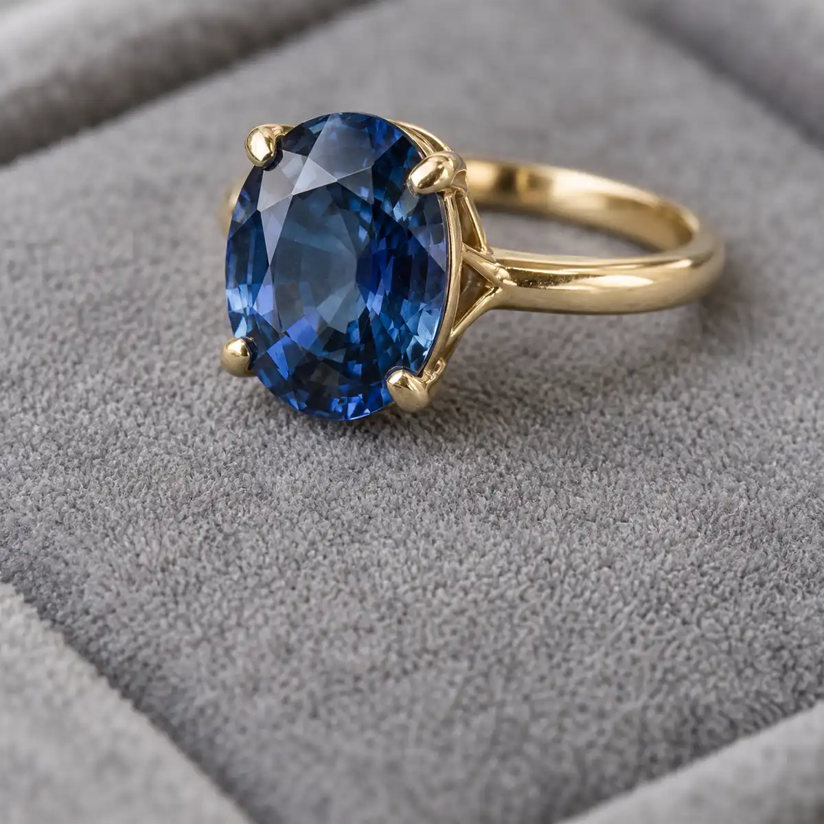 A loose blue sapphire viewed under a dealer's lamp in Hatton Garden, demonstrating colour consistency and cut orientation across the stone