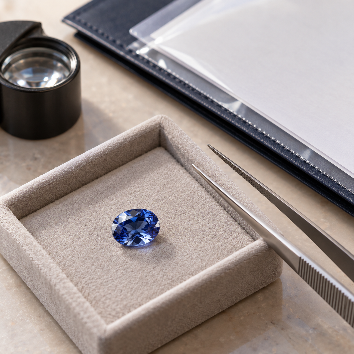 Lab Report at Hatton Garden Counter Hatton Garden jewellery dealer's counter showing a gemstone lab report alongside loose coloured stones, highlighting the role of gemstone lab reports in trade transparency