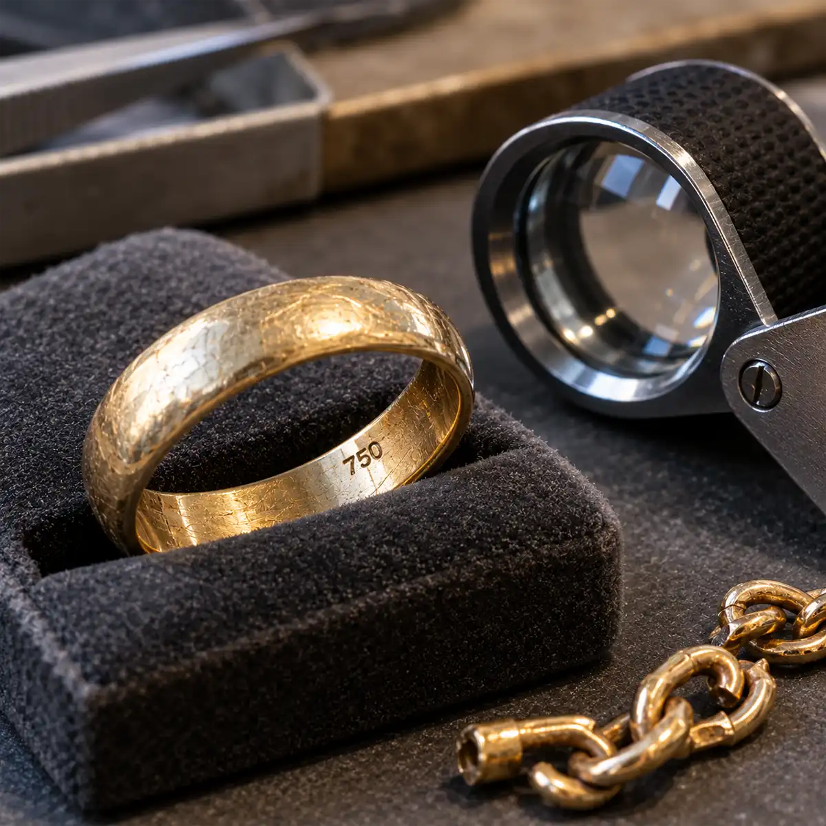 Close-up of a printed daily scrap gold price sheet at a Hatton Garden buyer showing per-gram rates for hallmarked and unhallmarked gold