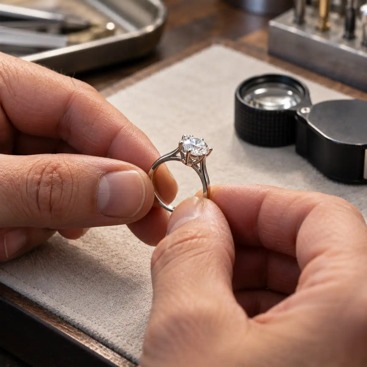 Close-up of white gold ring band showing warm tone at the back where rhodium plating has worn through, illustrating the need for ring aftercare re-plating